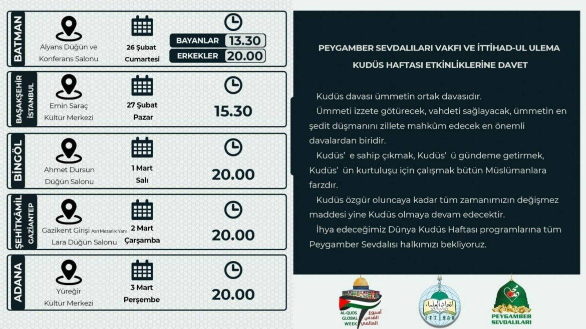 DÜNYA KUDÜS HAFTASI PROGRAMLARINA DAVET!