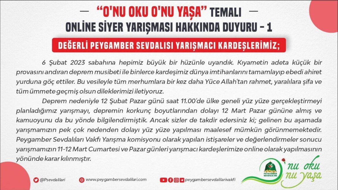 O’NU OKU O’NU YAŞA” TEMALI ONLINE SİYER YARIŞMASI HAKKINDA DUYURU